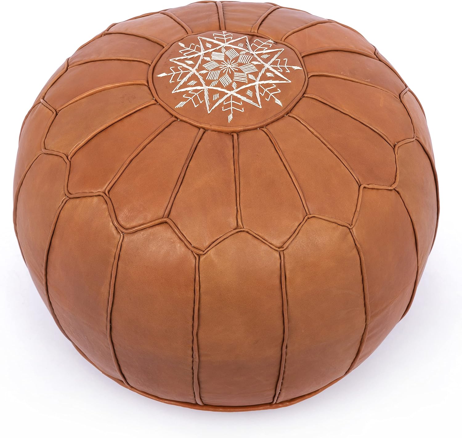 Genuine Leather Round Pouf - Moroccan Ottoman Foot Stool, Foot Rest, Bean Bag, Floor Chair - Bohemian Living Room, Bedroom, Kids Room (STUFFED Tan)