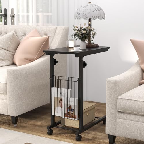 Giantex C Shaped End Table with Wheels, Height Adjustable Mobile Couch Snack Side Table with Storage Shelf, Side Basket, Sofa Bedside Laptop TV Tray C Table for Living Room, Bedroom, Rustic Brown