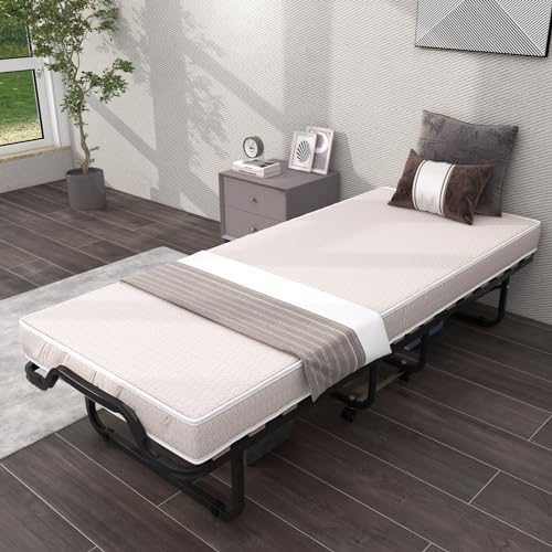 Giantex Folding Bed with Mattress, 75x31 Cot Size Bed Frame, Roll Away Beds with Mattresses for Adults, Memory Foam, Strong Steel Frame, Portable Foldable Guest Bed on Wheels with Cover