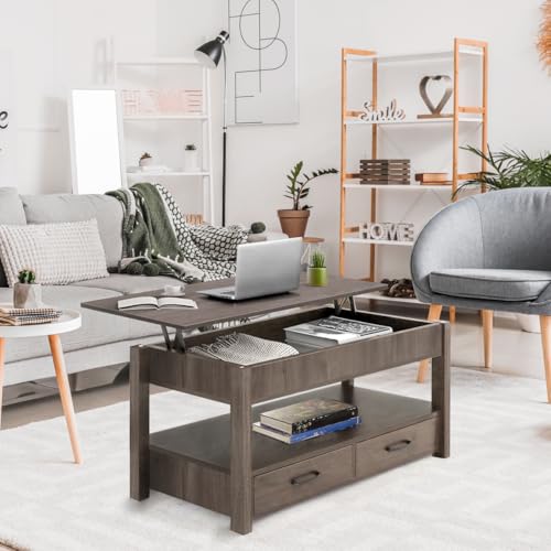 Lift Top Coffee Table with Hidden Compartment & 2 Storage Shelves - Living Room Dining Table with Rising Tabletop Lifttop Desk for Apartment, Home, Condo - GREY