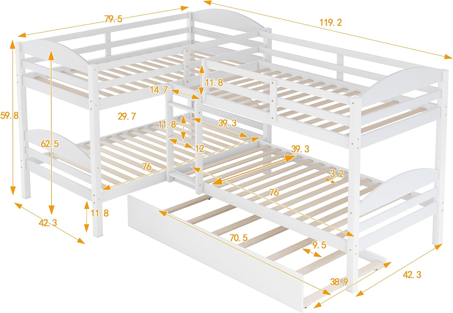 Bellemave Quad Bunk Bed with Trundle L-Shape Bunk Bed Twin Over Twin Corner Bunk Bed for 4 or 5 Kids Boys Girls Teens, White
