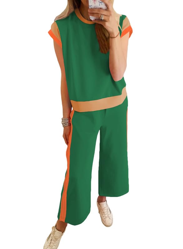SHEWIN Women's 2 Piece Lounge Sets Casual Short Sleeve Pullover Tops Matching Wide Leg Pants Tracksuit Set