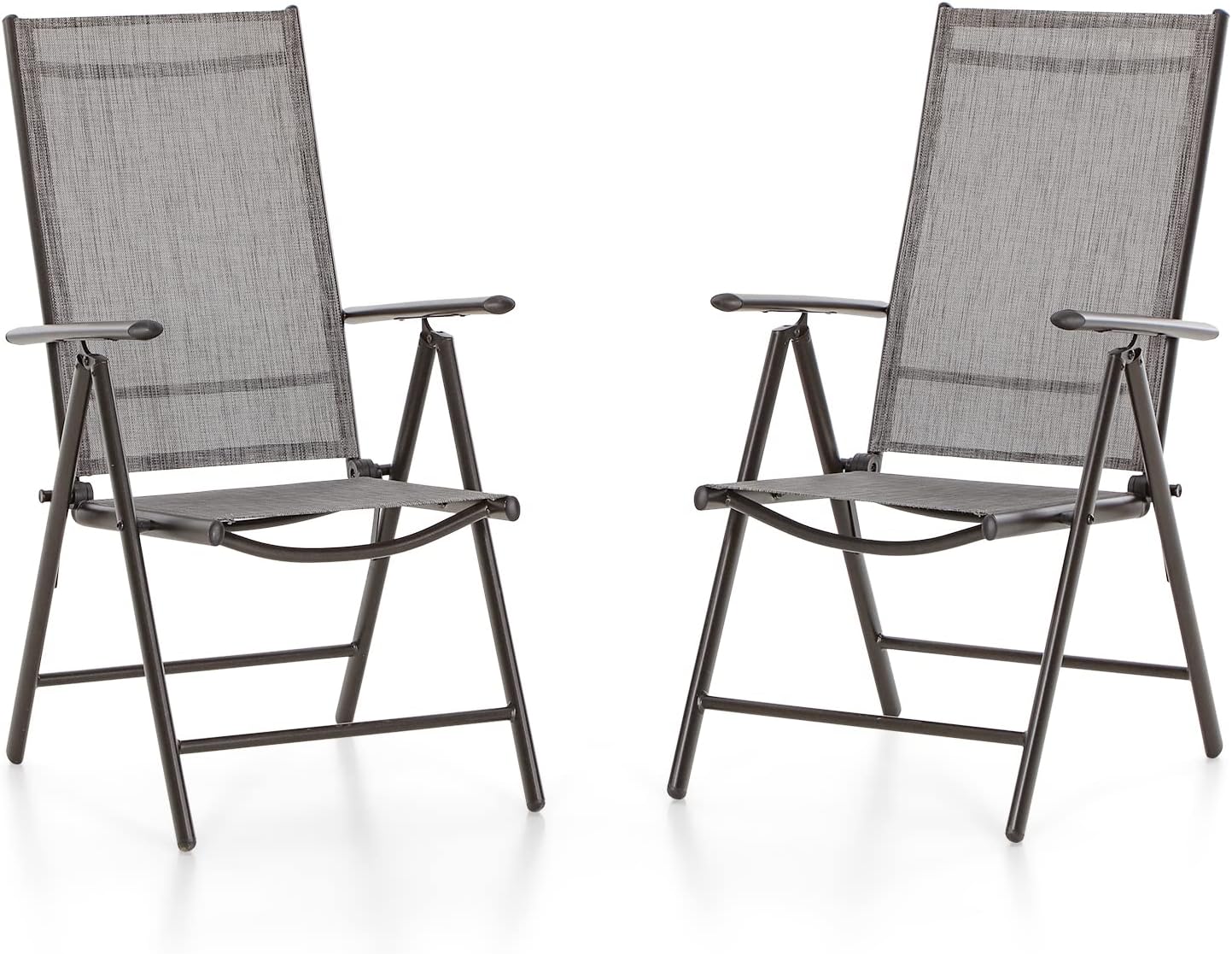 PHI VILLA Folding Patio Dining Chairs Set of 2, Adjustable Reclining Aluminum & Iron Sling Chairs with Armrest for Outdoor Kitchen Deck Garden, Grey