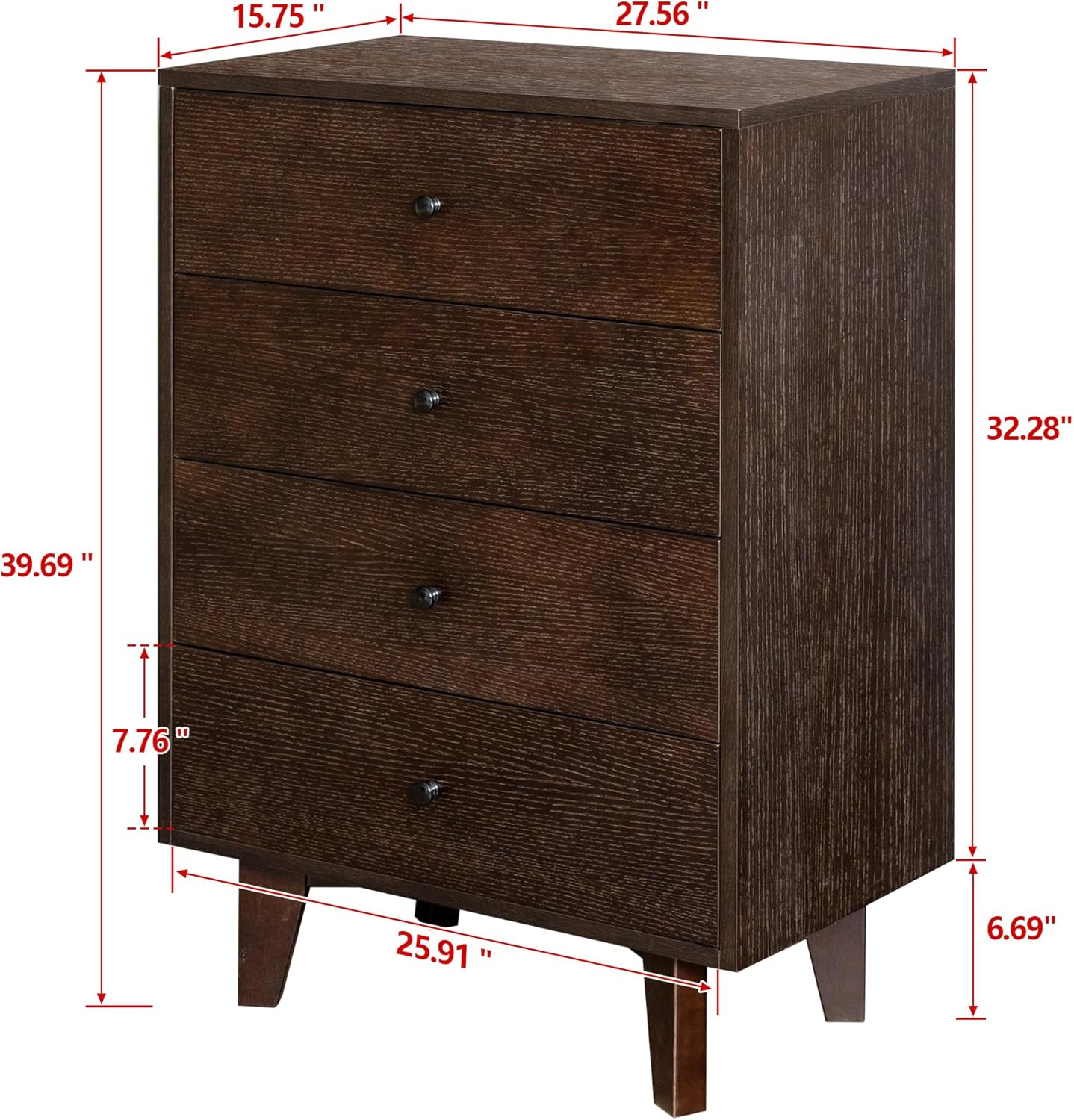 Vintage Wooden Chest of Drawers, 4 Drawer Storage Cabinet, Solid Wood Painted, with Vintage Round Handles and Birch Legs, Suitable for Living Room, Bedroom, Apartment, Auburn