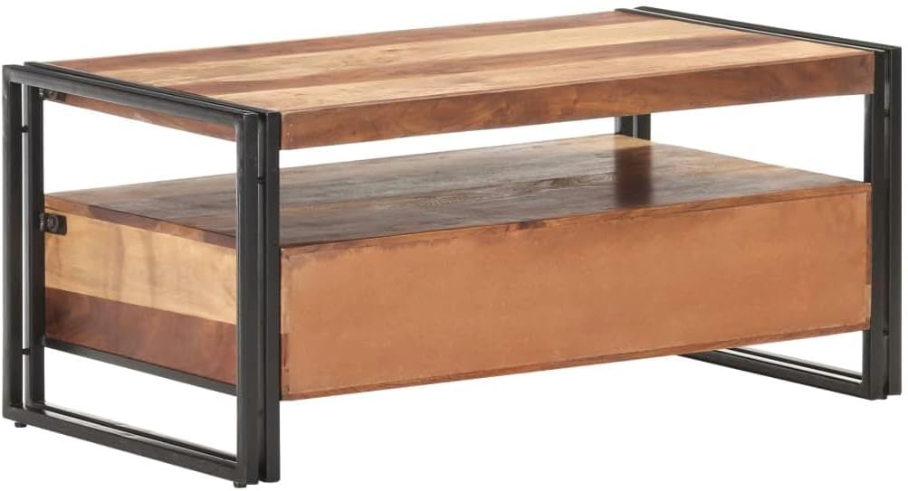 Handcrafted Acacia Wood Coffee Table - Sheesham Finish Rustic & Modern Solid Wooden Center Table for Living Room Furniture-Brown