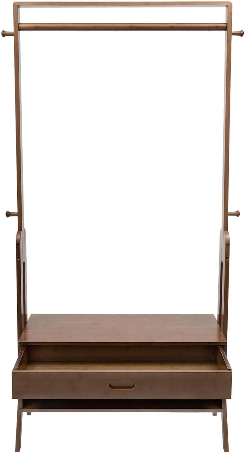 Vintage Bamboo Garment Rack, Freestanding Closet Organizer Coat Rack with Drawer & Hanger Hook, Multifunctional Bedroom Hanging Rack, Clothing Organizer Hat Tree for Bedroom, Hallways, Living Rooms