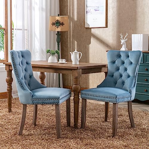 Dining Chairs Set of 2, Mid Century Modern Dining Chair in Velvet, Kitchen Dining Room Chairs with Button Back & Ring Pull Trim, Tufted Upholstered Dining Chairs for Living Room, Bedroom, Pink