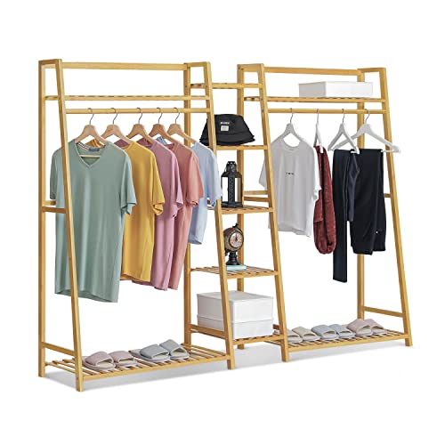 MoNiBloom Bamboo Coat Rack with 5-Tier Storage Shelves Trapezoid Freestanding Garment Rack Clothes Hanging Rack Stand for Bedroom Living Room, Natural
