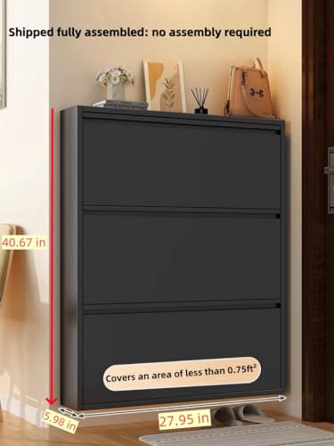 Shoe Cabinet Storage for Entryway,No-Assembly Large Shoe Rack Cabinet with 3 flip Drawers,Hidden Narrow Metal Freestanding Shoe Organizer for Living Room, Bedroom and Garage,Wall Mounted,black, Grey