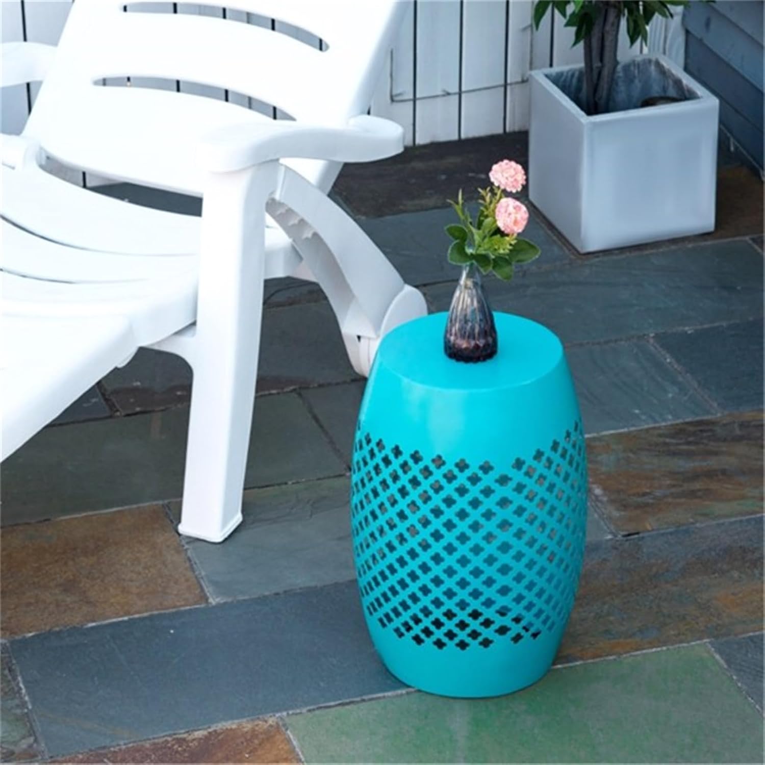 Sofa Side Table or Corner Table, Coffee Table, Garden Table or Patio Table, Bohemian Style, Steel Frame, Hollow Shell, Perfect for Living Room, Patio, Garden, Poolside, etc. Blue