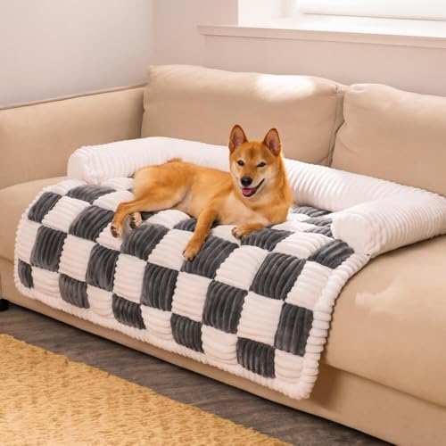 Pet Couch Covers for Sofa, Dog Couch Cover Fuzzy Sofa Cover Cream Square Plaid Cozy Dog Mat Furniture Protector Cover(Brown,X-Large)