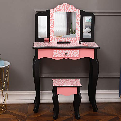 Kids Vanity Table and Chair Set, Girls Vanity Set with Mirror and Stool, Tri-Folding Mirror, Makeup Dressing Princess Table with Drawer, Kids Vanity Set with Mirror (Pink)