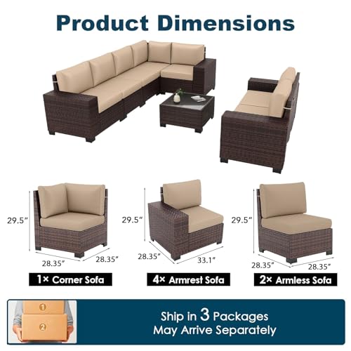 Patio Furniture Set, 8 Pieces Outdoor Sectional Sofa Conversation Sets with Waterproof Cover Modern Wicker Seating Set, 4'' Thickened Cushions 1 Glass Coffee Table 2 Armless Sofas, Navy Blue