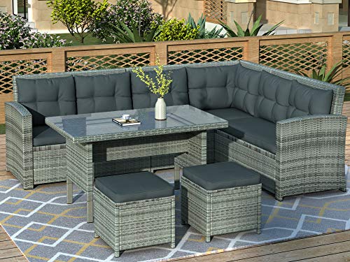 6-Piece Outdoor Patio Furniture Set All Weather PE Rattan Sofa with Back Cushions, Garden Wicker Sectional with Adjustable Seat, Storage Box, Removable Covers and Tempered Glass Top Table