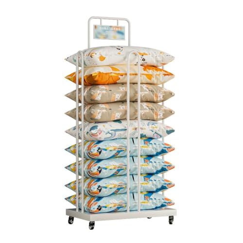 Freestanding Pillow Display Rack for Retail, Pillow Storage Rack with Universal Wheels, Commercial Home Organizer Cart, White Metal Steel Frame (Color : White, Size : 40x40x160cm)