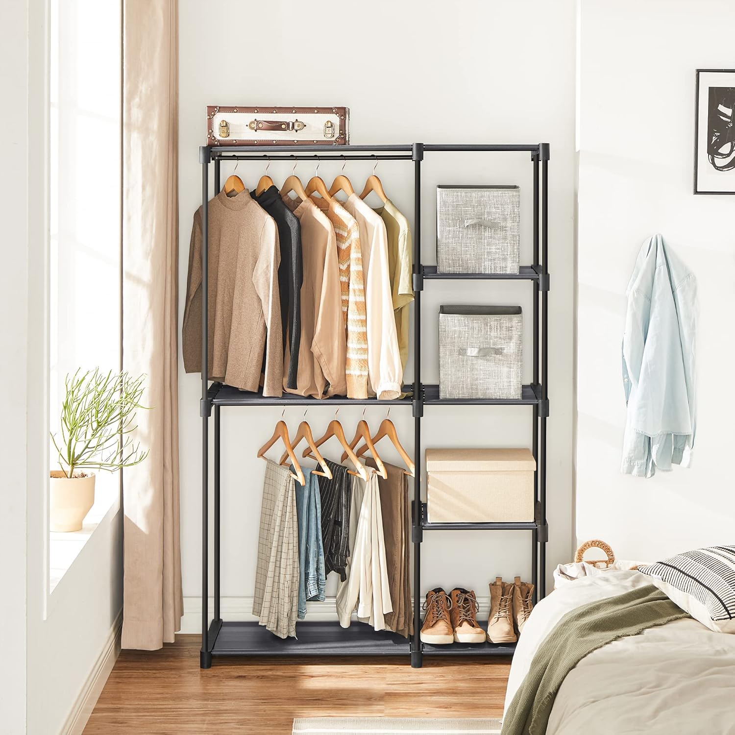 SONGMICS Freestanding Closet Organizer Bundle with Storage Cubes, Portable Wardrobe Set with 2 Hanging Rods and 6 Non-Woven Fabric Bins, Gray and Taupe URYG024G02 and UROB026K01
