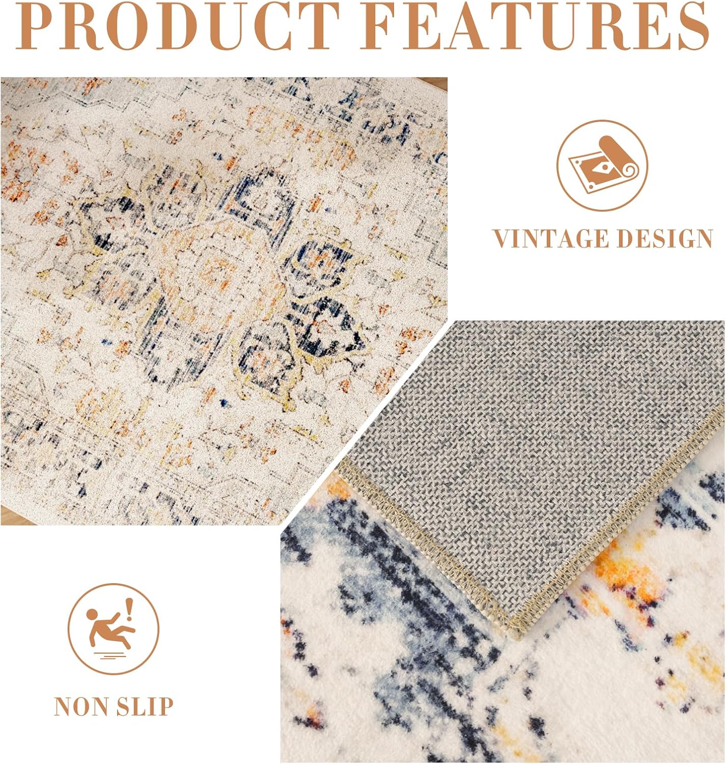 Area Rug 5' X 7' Vintage Rug Boho Medallion Floor Cover Retro Accent Elegant Carpet Non Slip Shabby Chic Farmhouse Washable Rug for Living Room Bedroom Dining Room Indoor/Outdoor