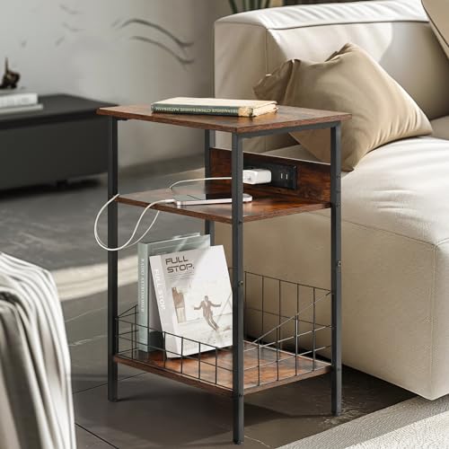 End Tables Living Room - Nightstand with Charging Station, 3-Tier Side Table with USB Ports and Outlets, Small Table for Living Room, Bedroom, 25.98x15.74x11.81 Inches, Greige