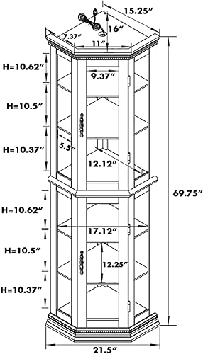 Wooden Corner Display Curio Cabinet with Lights, Glass Display Cabinet with 6 Shelves, Bar and Liquor Storage Areafor Living Room, Bedroom, Dining Room (Walnut, Small)