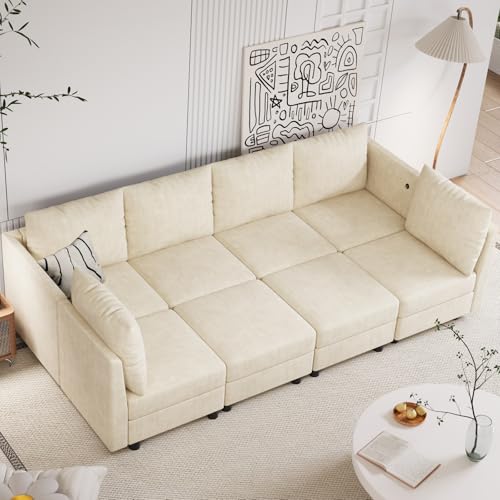 Apicizon 103'' Sleeper Sectional Sofa, Modern Chenille Sofa Set with USB Charging Ports, 8 Seats Sleeper Sofa with Lagre Storage, Comfy Convertible Sleeper Couch with Chaise for Living Room, Beige