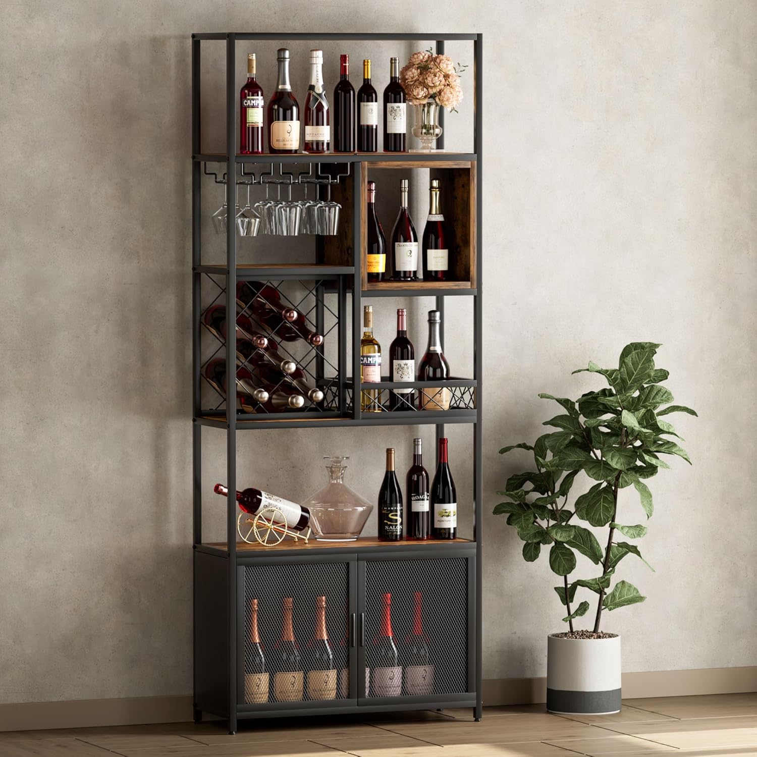 Industrial Tall Bar Wine Rack Cabinet with Glass Holder - Multi-Functional Storage for Wine Bottles, Glasses, and Microwave - Bar Cabinet Perfect for Home, Kitchen, Bar, and Commercial Use