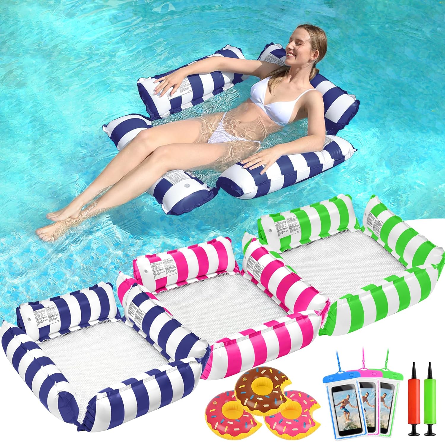 3 Pack Inflatable Pool Floats Adult, 4-in-1 Multi-Purpose Pool Float Rafts Water Hammock with Cup Holders, Pool Floaties for Adults Swimming Pool Lake Beach