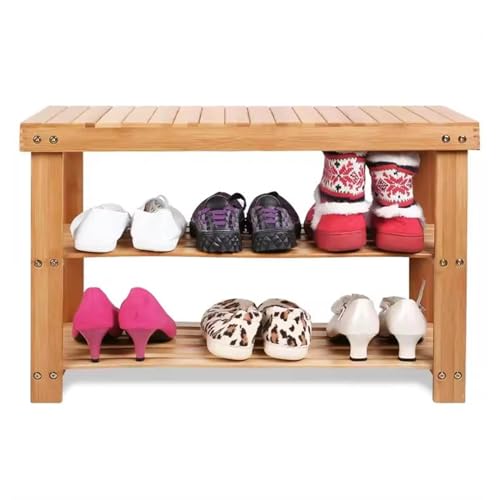 Shoe Bench 3-Tier Shoe Rack, Storage Entry Bench with Wood Seat, Rustic Foyer Bench for Hallway Front Door, Doorway, Living Room, Mudroom, Bamboo Frame