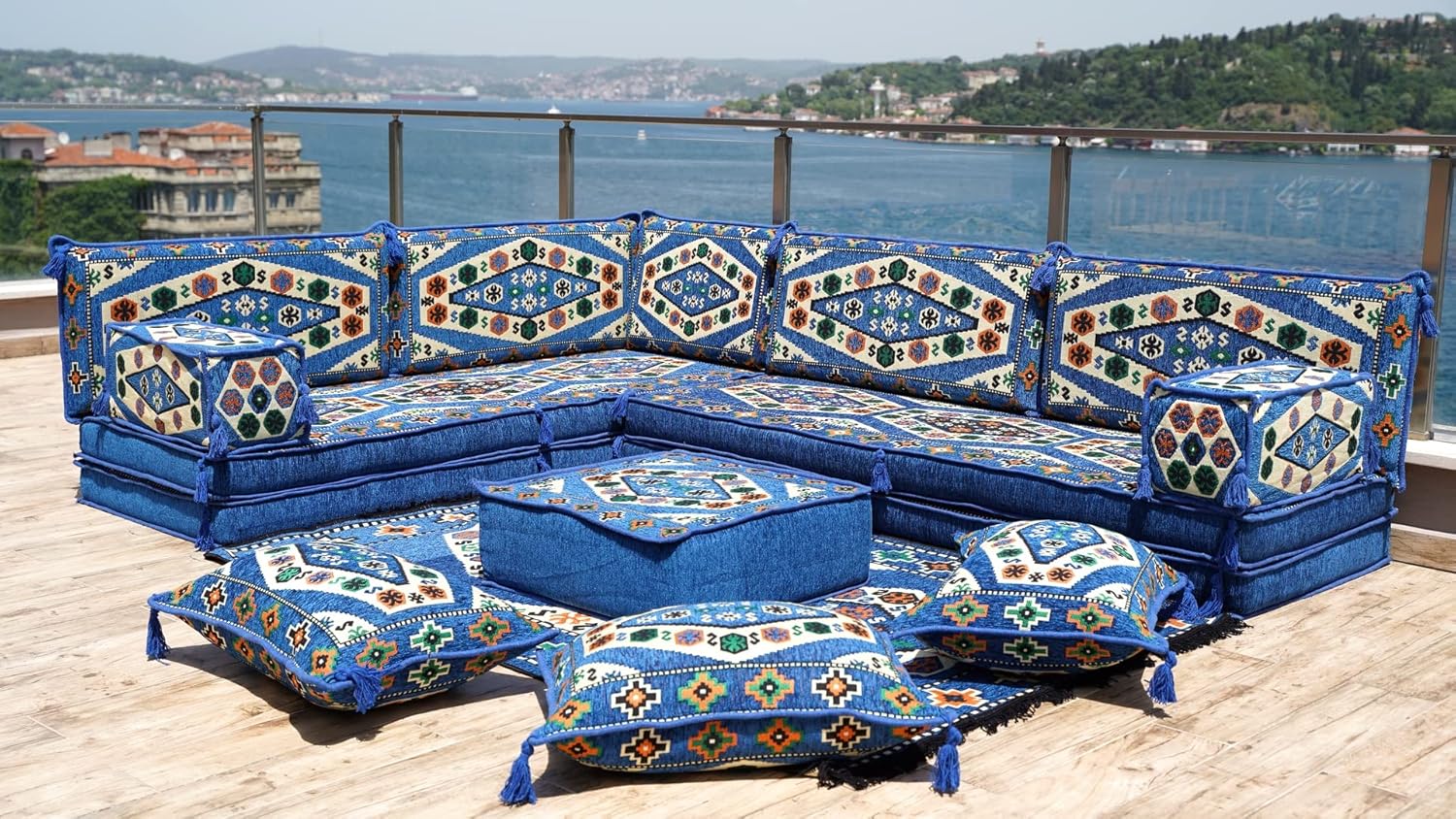 Arabic Floor Sofa Set, Sectional Sofas, Arabic Majlis, Sofa Cushion, Patio Furniture, Modular Sofa, Ottoman Couch, Iraqi Majlis (8'' Thickness Sofa, L Sofa Full Set, Royal Blue)
