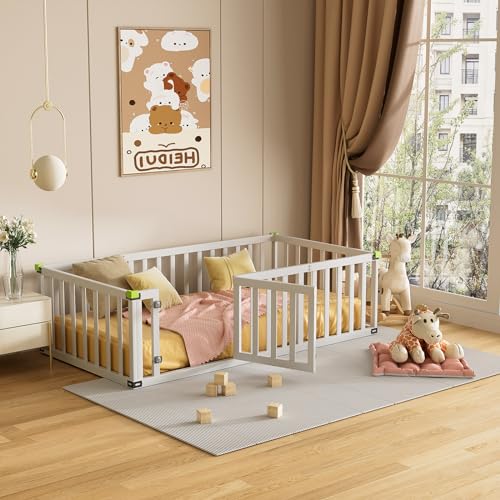 ROOMTEC Twin Size Montessori Floor Bed Frame Soild Wood, Toddler Bed1-3 with Support Slats for Children Bedroom, Toddlers, Boys Girls, Kids Playroom Gray