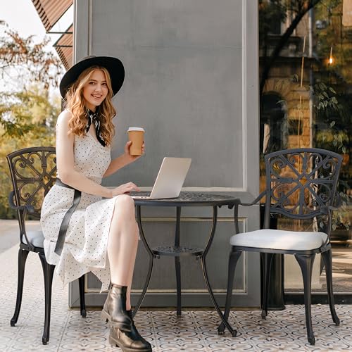 NUU GARDEN Bistro Set 3 Piece Outdoor All Weather Cast Aluminum Patio Bistro Set Patio Table and Chairs Set of 2 with Umbrella Hole for Backyard, Balcony, Lawn, Black