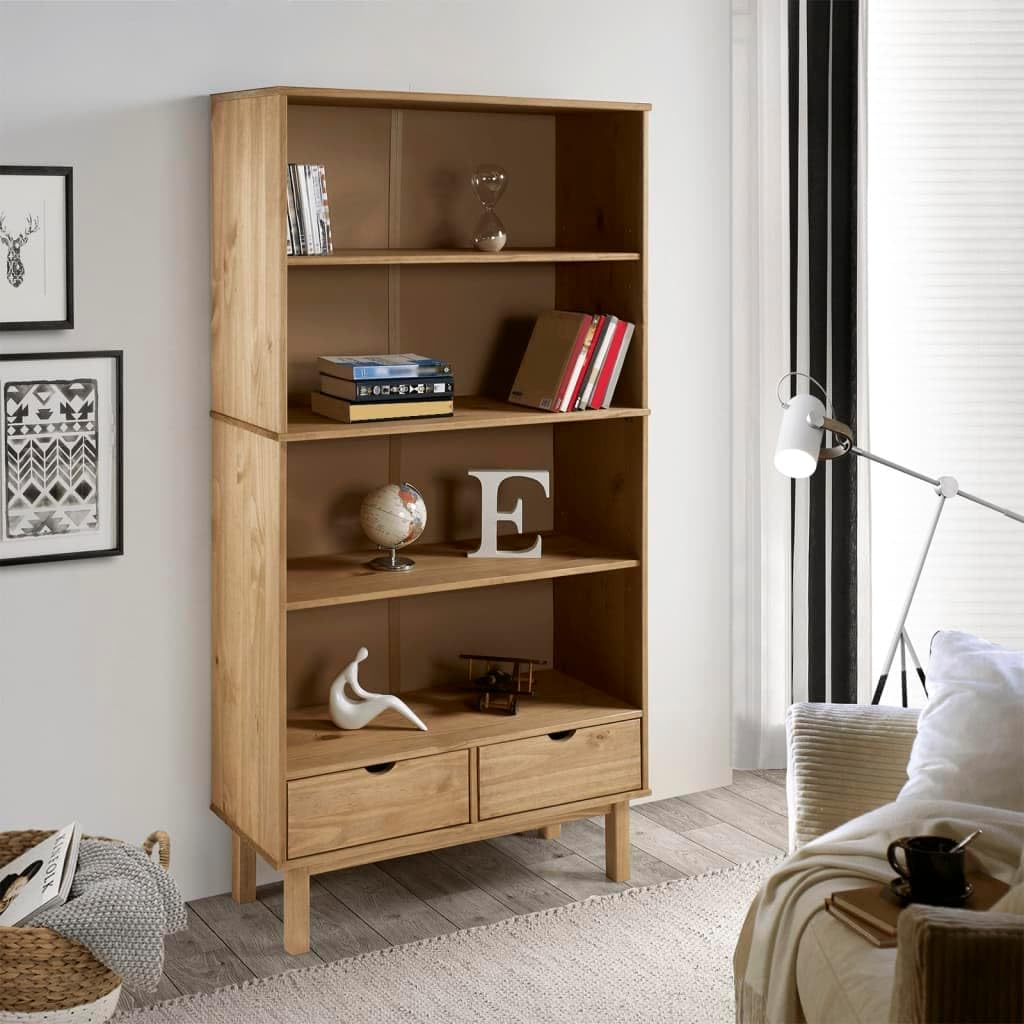 vidaXL OTTA Freestanding Bookcase - Brown Solid Pine Wood, Scandinavian Design, 2 Drawers and 3 Shelves - Suitable for Home Office, Study, Living Room