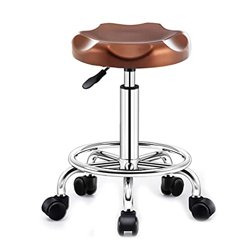 Round Rolling Stool Beauty Stools Chair Adjustable Height Chrome Steel Bar Stool Round Cushion, Salon Rolling Stool Swivel Chair On 5 Wheels, PU Leather Counter Stools Shop Work Stool with