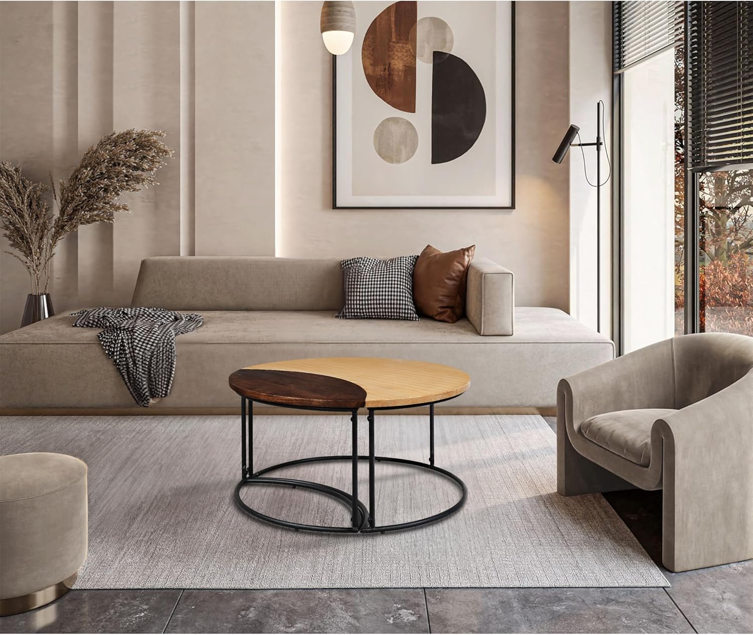 The Urban Port 35 Inch Round Crescent Mango Wood Coffee Nesting Tables with Metal Frame, Set of 2, Dark and Natural Brown