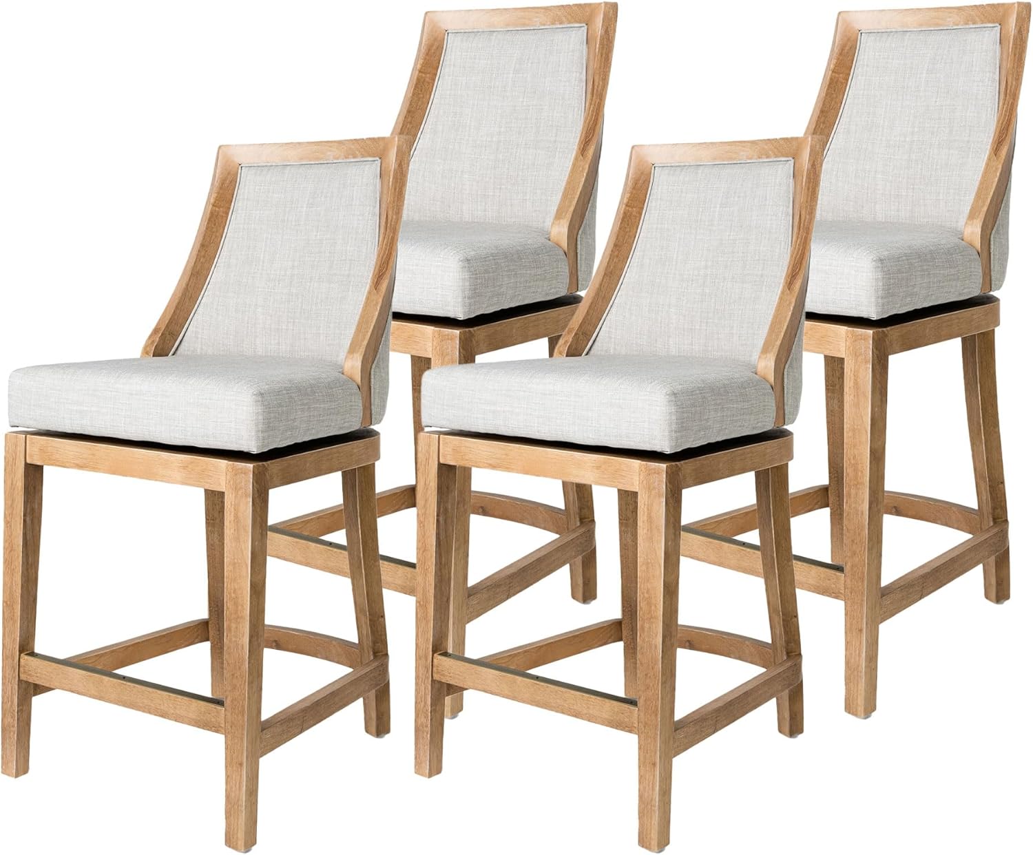 Maven Lane Vienna 26 Inch Tall Counter Height Rotating High Back Barstool in Weathered Oak Finish with Sand Color Fabric Upholstered Seat, Set of 4