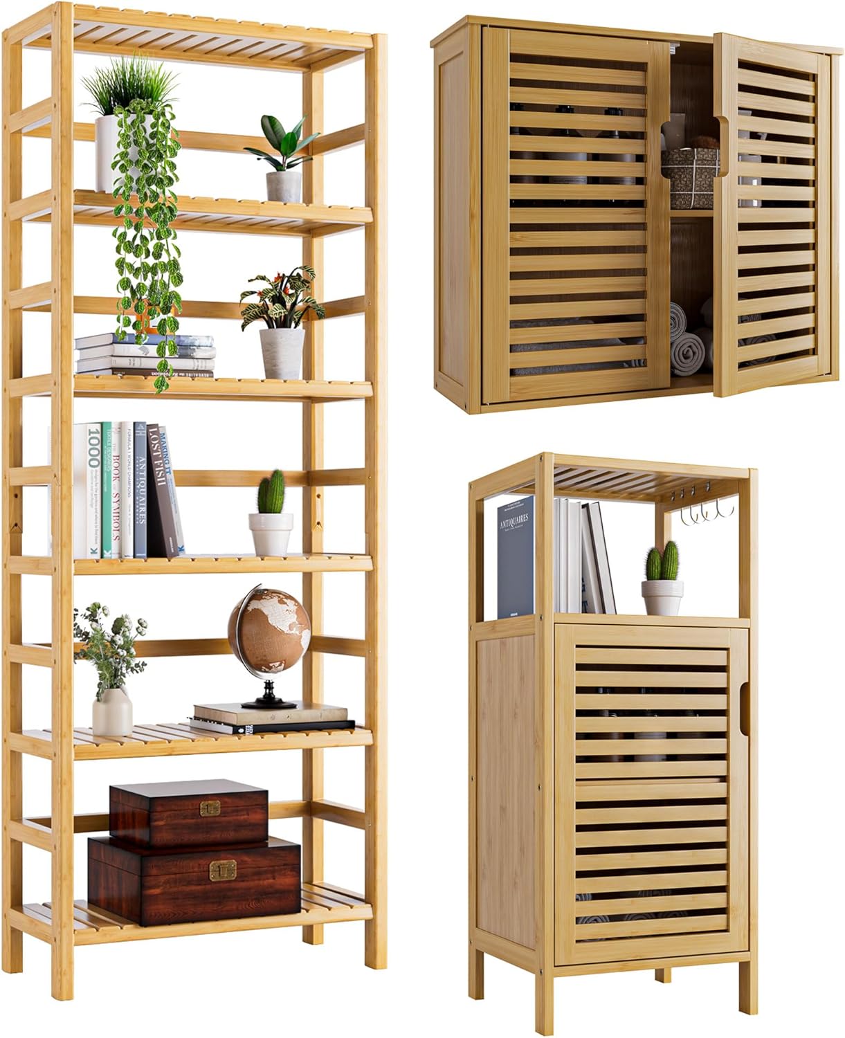 Bamboo Bookshelf Wall Cabinet Small Floor Cabinet Freestanding, Bathroom Storage Organizere with Adjustable Shelves and 4 Hanging Hooks, Natural