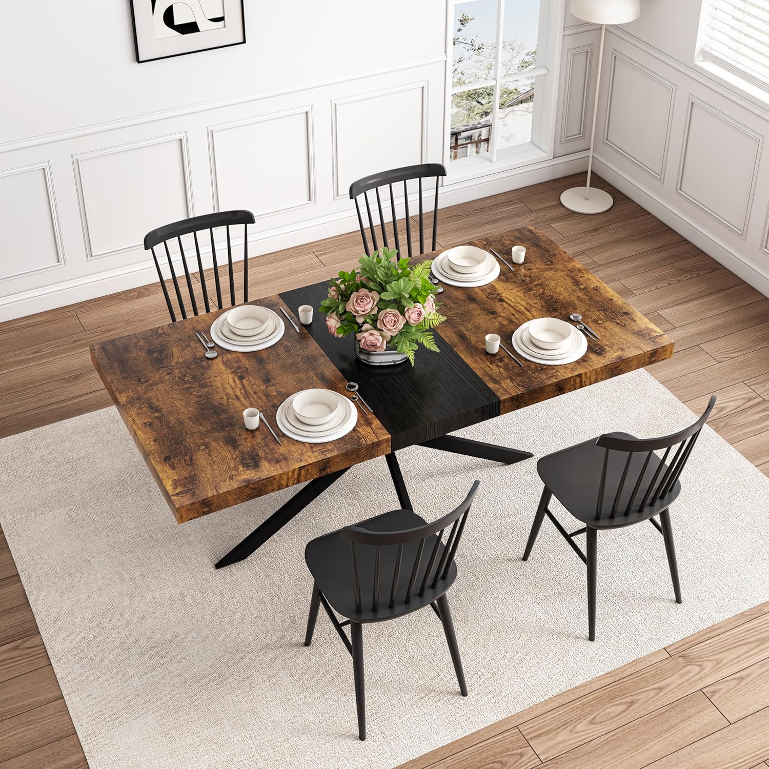 Retro Rectangular Stretch Dining Table, Antique Wood Top Relief Plate, Fine Sand Cross Iron Foot Base DiningTable with Storage Box, 1, Black Brown