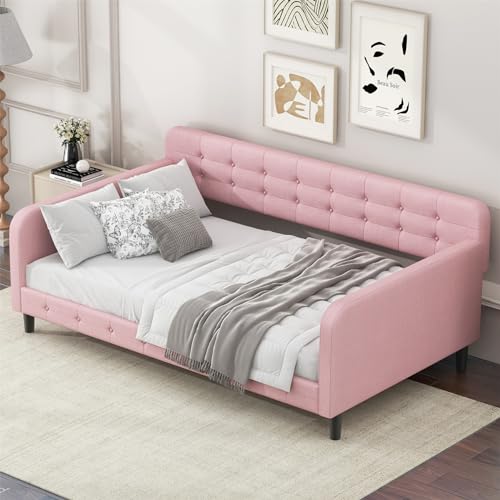 Merax Twin Size Day Bed Frame with 4 Legs,Beige Tufted Linen Sofa Bed for Living Room,Upholstered Daybed Frame Twin Size,No Mattress