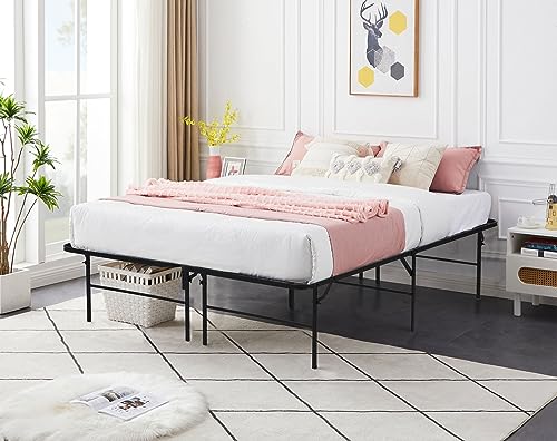 Full Size Foldable Bed Frame Mattress Foundation, Black Metal Platform Bed Frame, No Box Spring Needed, Full Size Platform Bed Frame w/Heavy Duty Steel Slat Mattress Foundation, Space Saving