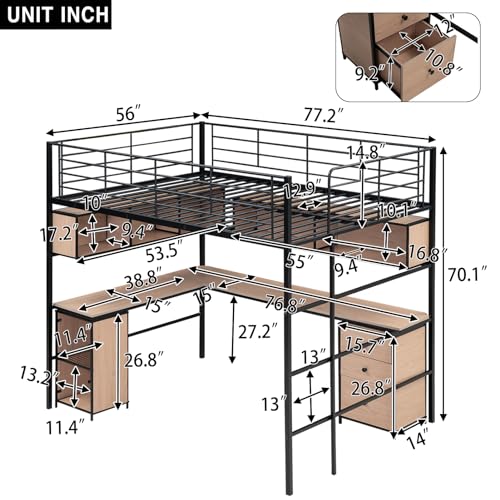 Full Size Metal Loft Bed with Bookcase and L -Shaped Desk, Heavy Duty High Loft Bed Frame with Open Cabinet and Built-in Ladder for Small Room, Dormitory, Apartment, Bedroom (Black, Full)