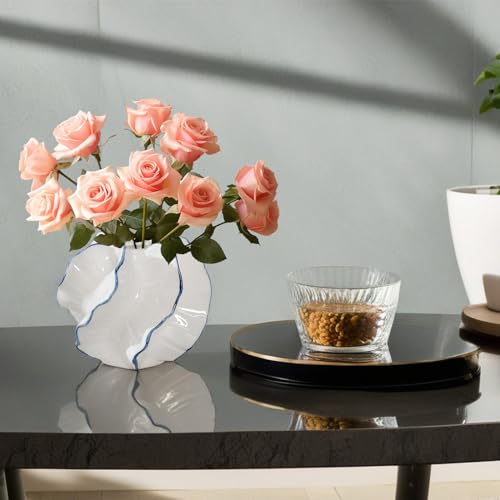 White Ceramic Oysters Vase with Blue Edge, MODUSKYE Modern Wavy Design, Nautical Theme Hydroponic Flower Vase for Table, Fireplace, Shelf, Mantel, Entryway and Centerpieces Home Decor(Oysters)