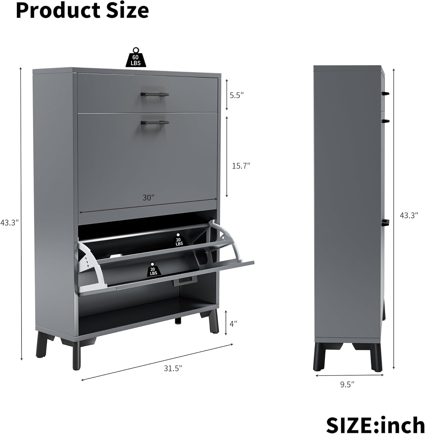 Hidden 2 Flip Entryway, Wood Thin Drawer, Modern Front Entry Rack, Free Standing Organizer for Doorway Hallway (Gray), 32