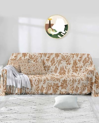 Abstract Floral Blue Sofa Cover Couch Covers for 3 Cushion Couch Throw Couch Cover with Tassel Soft Sofa Slipcover Vintage Flowers Textured Beige Couch Furniture Protector for Dog Pet 71