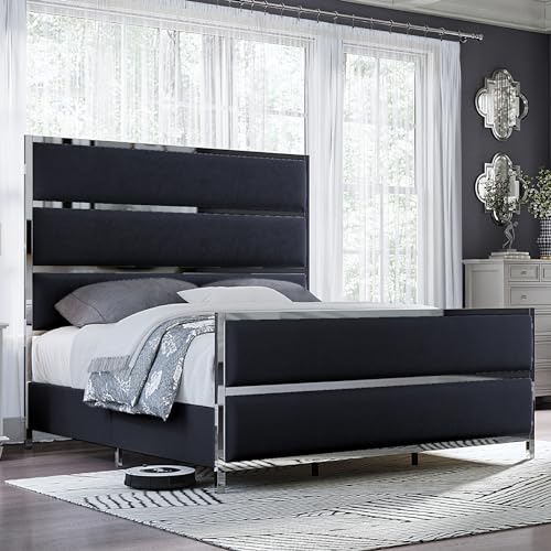 AMERLIFE King Size Bed Frame, Velvet Upholstered Bed with Silver Trim Headboard & Footboard, Channel Tufted Platform Bed Frame, No Box Spring Needed/Light Grey
