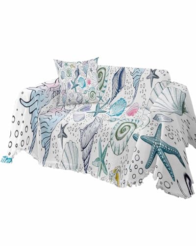 Ocean Sofa Cover Couch Covers for 3 Cushion Couch Throw Couch Cover with Tassel Soft Sofa Slipcover Summer Coastal Green Starfish Conch Wood Grain Couch Furniture Protector for Dog Pet 71