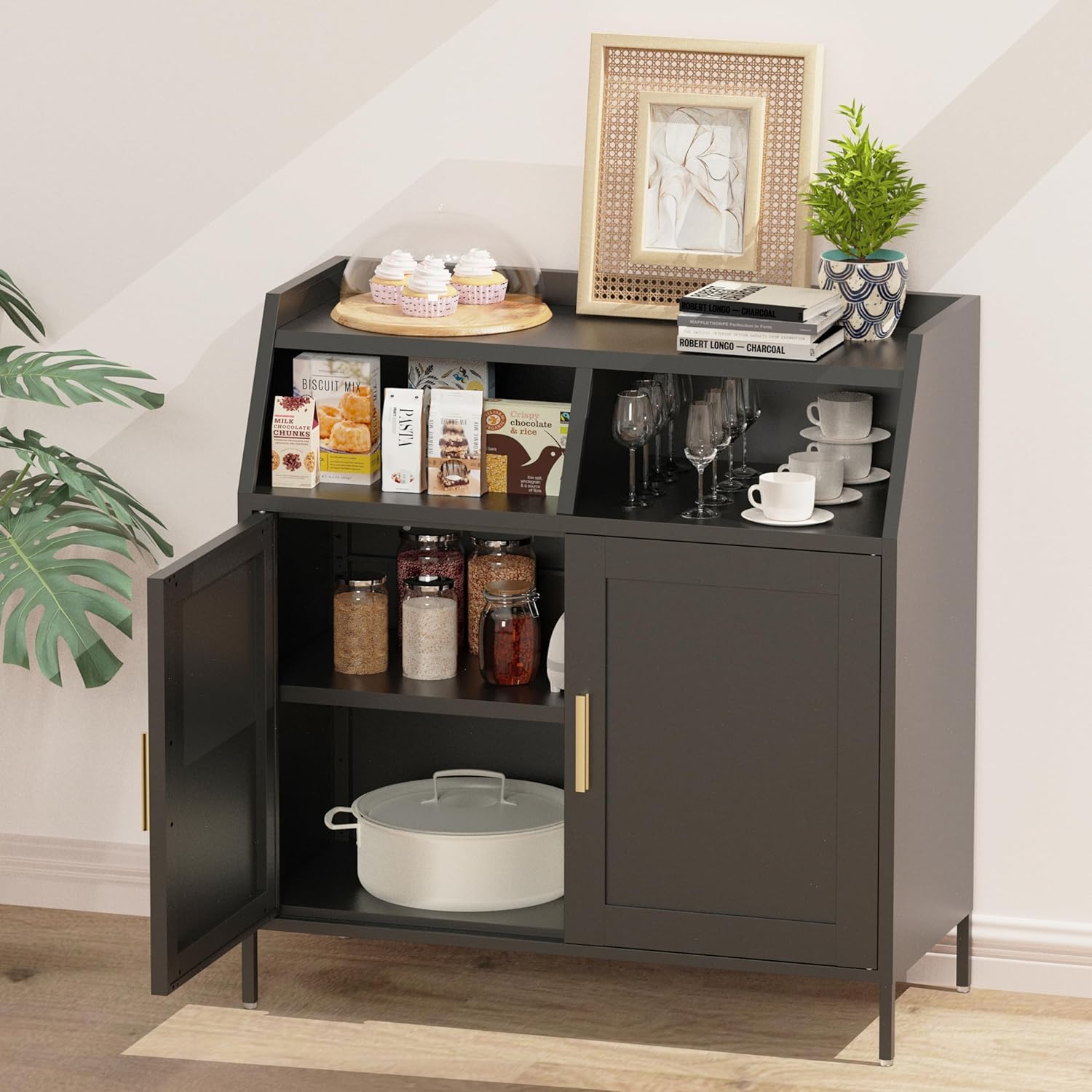 Metal Buffet Sideboard Cabinet with Storage,Storage Cabinet Modern Sideboard Buffet Table with Doors for Living Room Kitchen Dining Room, Black
