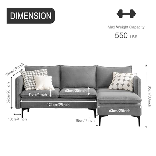 Cpintltr L Shaped Convertible Sofa Teddy Velvet Couch Sectional Sofa Modern 4-Seat Couch with Chaise Sleeper Sofa Bed with Fluffy Armrests for Living Room Apartment Office Black