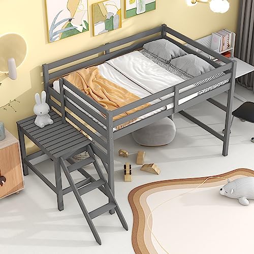 Wood Full Size Loft Bed with Platform and Ladder for Kids,Space Saving Low Loft-Bed for Girls Boys,Gray