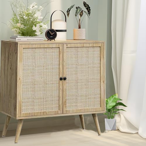 Sideboard Buffet Cabinet with Storage, Rattan Cabinet with Doors, Accent Storage Cabinet with Adjustable Shelf, Organizer Cabinet for Living Room, Kitchen, Dining Room, Entryway (1 pack, Natural)