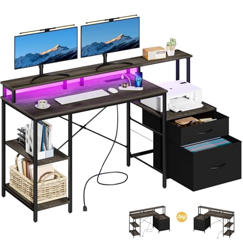 Yoobure Computer Desk, Gaming Desk with LED Lights & Outlets, 59