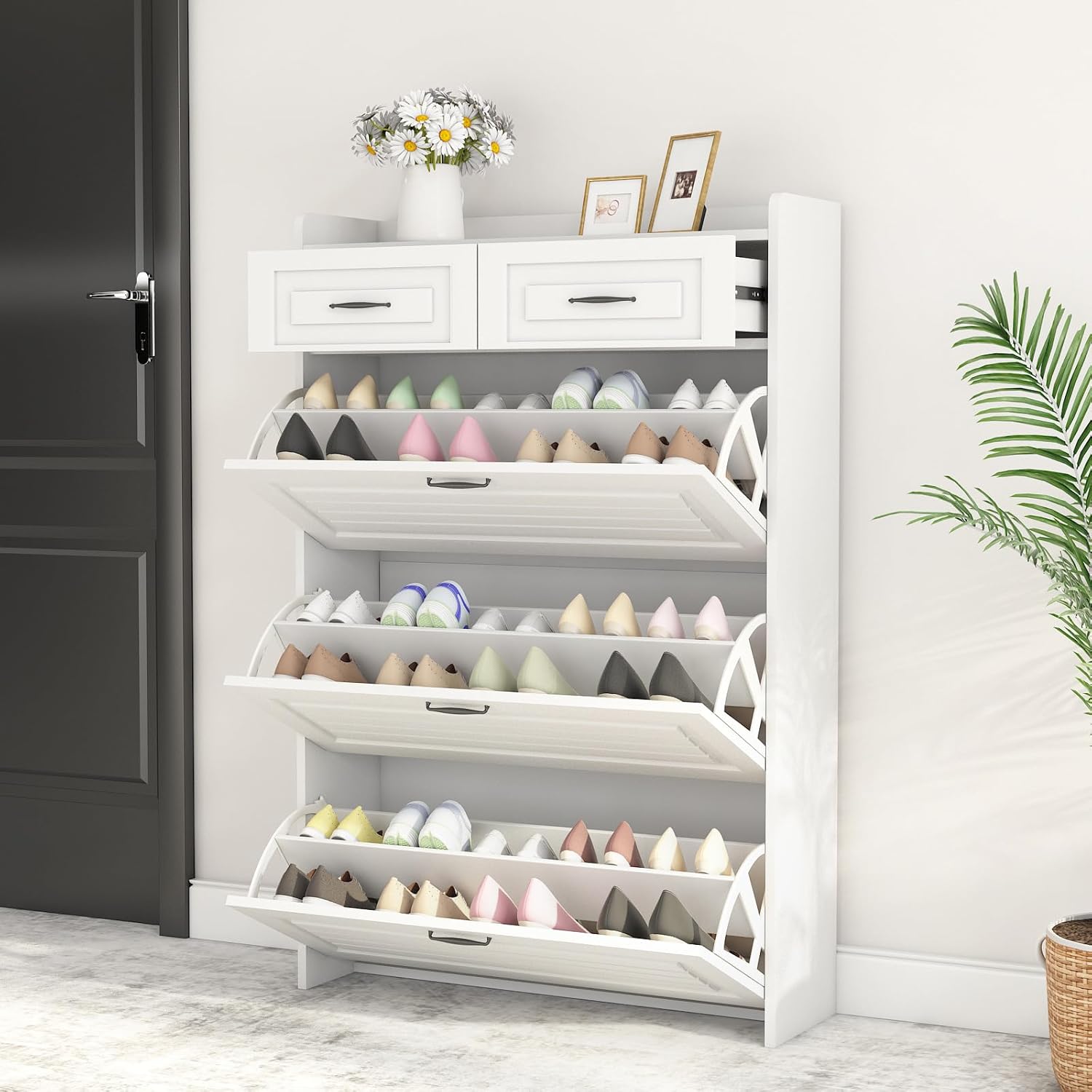 Shoe Storage Cabinet with 3 Flip Drawers, White Freestanding Storage Racks for Entryway Hidden Narrow Shoe Organizers Perfect for Heels, Boots, Slippers